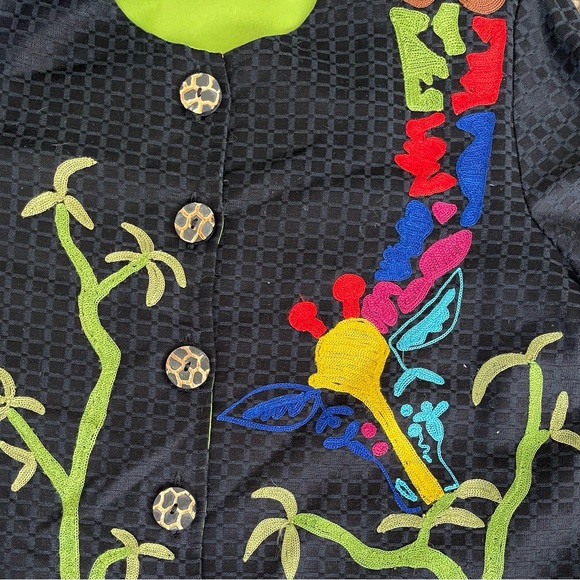Julia Ku Black Colorful Giraffe Embroidered Jacket With Wooden Buttons Size M - Picture 3 of 4